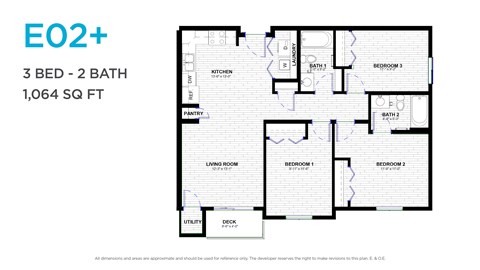 Floor plan for 3 beds, 2 baths, 1056 sqft